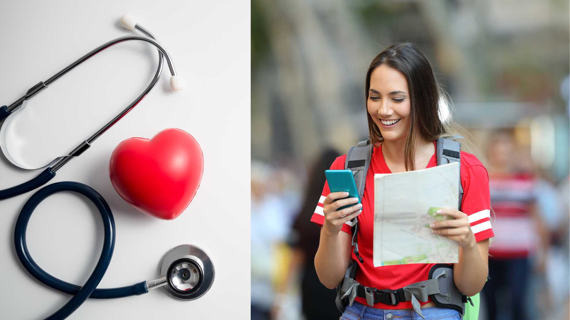 Stethoscope and red heart left image Young adult on a blue phone right image depicting health care proxy for young adults.